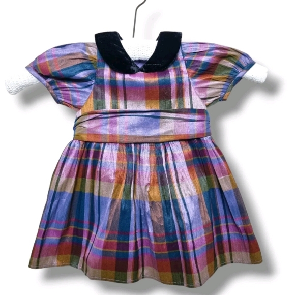 Next Toddler Dress 3-6 Months Check Tafetta With Velvet Collar Vintage Style - Picture 2 of 8